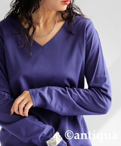 Antiqua T-shirt Plain Color Long Sleeves Long T-shirt V-Neck Tops Ladies' Autumn/Winter