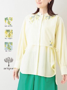 ミモザ刺繍コットンリネン　ロングシャツ（3カラー）【24春夏新作】【インド綿】