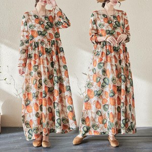Casual Dress Long Sleeves Floral Pattern Cotton Linen Ladies