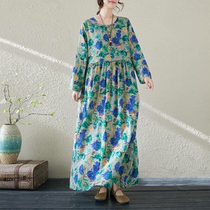 Casual Dress Long Sleeves Floral Pattern Cotton Linen One-piece Dress Ladies'