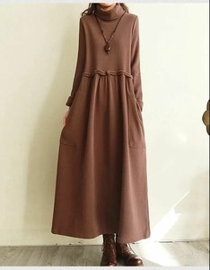 Casual Dress Plain Color Long Sleeves High-Neck Ladies