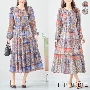 Casual Dress Chiffon Ethnic Pattern L One-piece Dress M 【2024NEW】