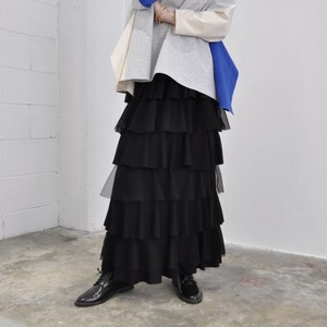 【定番商品】異素材ティアードスカート（オフ・カーキ・チャコールグレー・ブラック）痩せ見え　フリル
