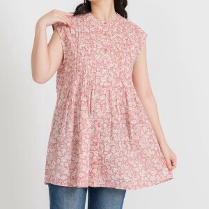 Button Shirt/Blouse Pintucked Flower Print