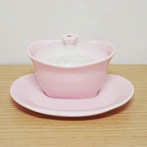日本製　有田焼　薄ピンク釉花ツマミ(台付)　むし碗