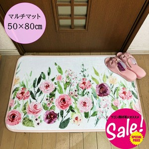 ★SALE★【シャンドフルール】ルームマット50×80cm　玄関リビング　ジャルダン　バラ赤　水彩画風☆