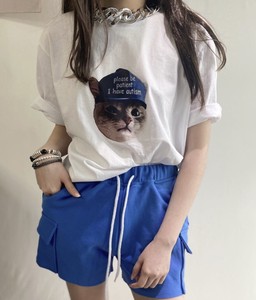 【2024春夏新作】ブルーキャップキャットプリントTシャツ