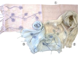 綿シルク　インド綿ストール　縦流れ2色フラワー刺繍