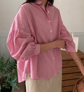 Button Shirt/Blouse Stripe Shirring 2024 Spring/Summer