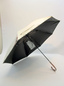 2024春夏新作）晴雨兼用長傘-婦人　サクラ骨・キャット刺繍＆裏ブラックコーティング猫プリント手開き傘