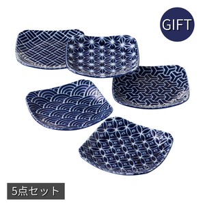 ギフトセット　藍染工房江戸小紋角取皿揃 美濃焼 日本製