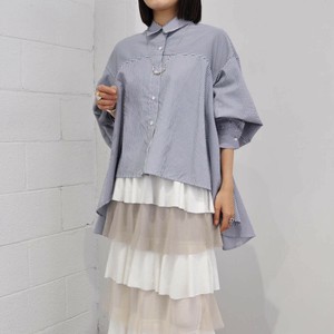 Button Shirt/Blouse Navy Big silhouette Stripe black A-Line Puff Sleeve