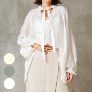 Button Shirt/Blouse White Spring/Summer V-Neck Shirring Sheer