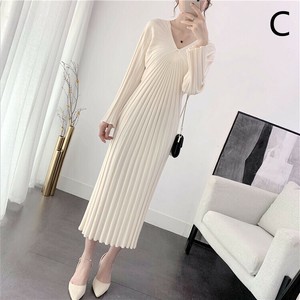 Casual Dress Knitted Plain Color Long Sleeves V-Neck One-piece Dress Ladies' M
