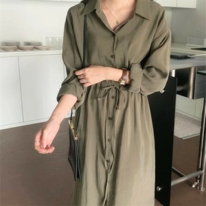 Casual Dress Plain Color Long Skirt Long Sleeves One-piece Dress Ladies'