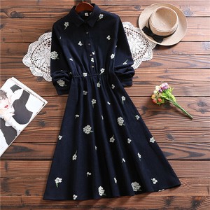 Casual Dress Long Sleeves Floral Pattern One-piece Dress Embroidered Ladies' Thin
