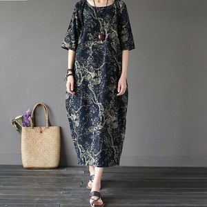 Casual Dress Floral Pattern Cotton Linen One-piece Dress Ladies'