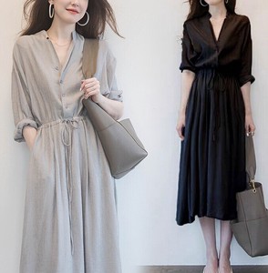 Casual Dress Plain Color Long Sleeves V-Neck Cotton Linen Ladies