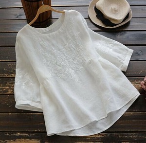 Button Shirt/Blouse Plain Color Cotton Embroidered Ladies
