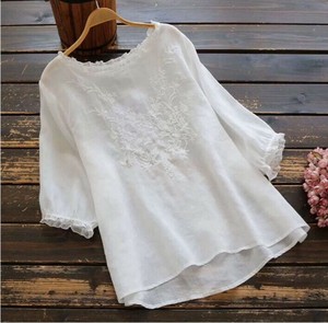 Button Shirt/Blouse Plain Color Cotton Ladies' Short-Sleeve