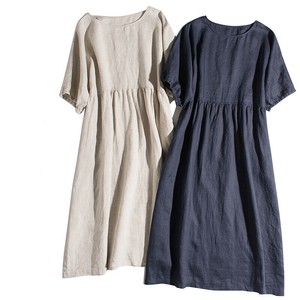 Casual Dress Plain Color Cotton Linen One-piece Dress Ladies' Short-Sleeve