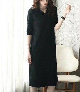 Casual Dress Ladies fashion Plain Color V-Neck Short Sleeve