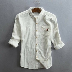 Button Shirt Plain Color 3/4 Length Sleeve Cotton Linen