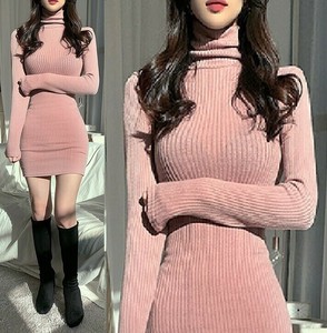 ワンピース ハイネック ニット セクシー タイト 長袖  無地  快適 美尻 レディース BYMA1742