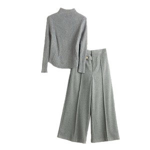 パンツスーツ  ニット 長袖  ワイドパンツ  2点セット  無地 快適   レディース ファッション BYMA1830