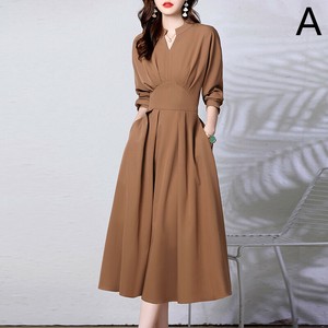 Casual Dress Plain Color Long Sleeves V-Neck One-piece Dress Ladies' M