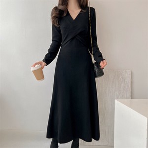 Casual Dress Knitted Plain Color Long Sleeves V-Neck Ladies