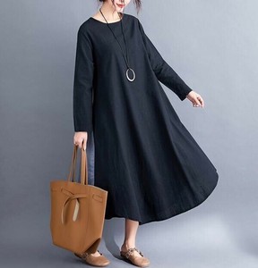Casual Dress Plain Color Long Sleeves Long One-piece Dress Ladies' M