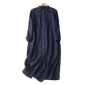 Casual Dress Plain Color Long Sleeves Cotton Linen One-piece Dress Ladies' M