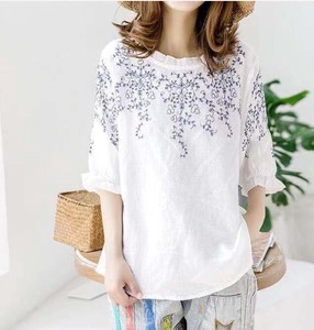 Button Shirt/Blouse Plain Color Cotton Linen Embroidered Ladies'