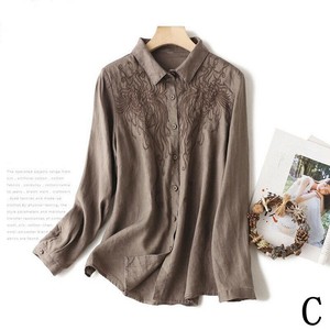 Button Shirt/Blouse Plain Color Long Sleeves Cotton Linen Embroidered Ladies