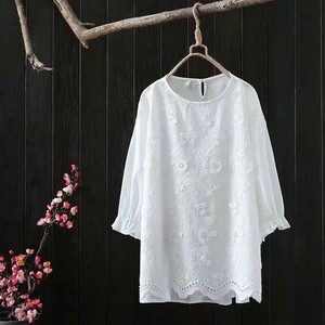 Button Shirt/Blouse Plain Color Summer Embroidered Ladies 7/10 length