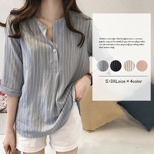 Button Shirt/Blouse Half Sleeve Stripe Ladies'