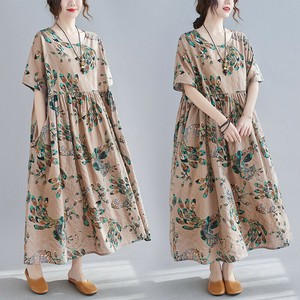 Casual Dress Floral Pattern Cotton Linen One-piece Dress Ladies' Short-Sleeve