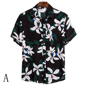 Button Shirt Floral Pattern Cotton Short-Sleeve