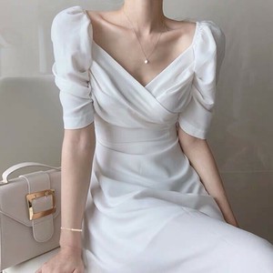 Button Shirt/Blouse Plain Color V-Neck One-piece Dress Ladies' Short-Sleeve