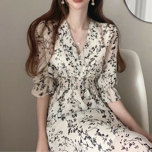 Casual Dress Floral Pattern V-Neck One-piece Dress Ladies' Short-Sleeve