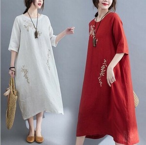 Casual Dress Plain Color One-piece Dress Embroidered Ladies'