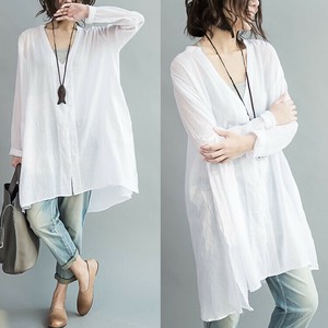 Button Shirt/Blouse Plain Color Long Sleeves V-Neck Cotton Linen Ladies'
