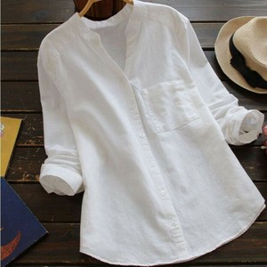Button Shirt/Blouse Plain Color Long Sleeves V-Neck Cotton Ladies