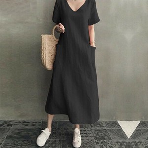 Casual Dress Plain Color V-Neck One-piece Dress Short-Sleeve