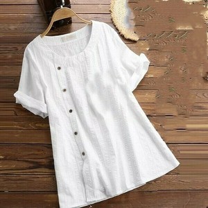 Button Shirt/Blouse Ladies fashion Round Neck Cotton Linen Summer Short Sleeve