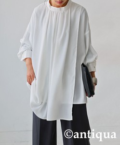 Antiqua Button Shirt/Blouse Gathered Plain Color Long Sleeves Tops Ladies'