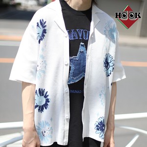 【HOOK】-original- ポップマーガレット模様アロハシャツ風涼感夏ニット メンズ レディース 半袖