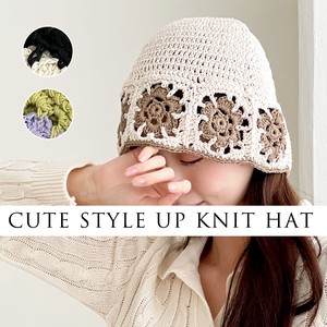 5%off 夏のベレー風ニット帽 手編み 花柄デザイン 薄手コットンで室内でも快適 可愛くオシャレ YT