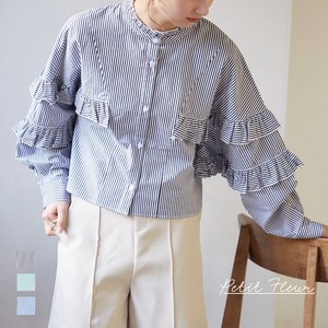 Button Shirt/Blouse Ruffle Stripe Switching NEW